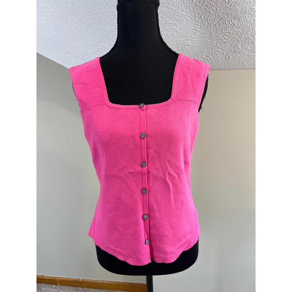 J.A.C. Ribbed Knit Tank Hot Pink Preppy Square Neck Button Front Pullover XL 90s